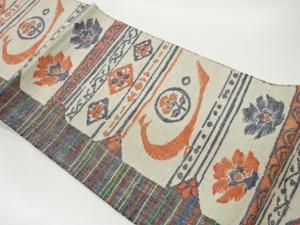 手織り真綿紬横段に抽象鳥・花葉・菱模様織出し名古屋帯